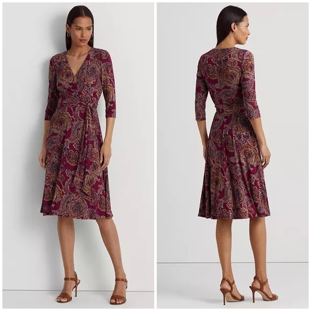 LAUREN RALPH LAUREN Women's Paisley Surplice Jersey 3/4 Sleeve Dress Sz 4 NWT